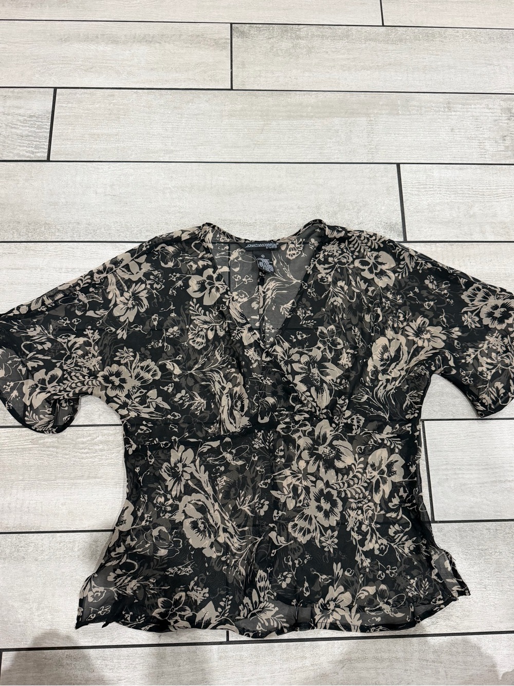jonathan martin Black Sheer Floral V-Neck Blouse with Beige Print